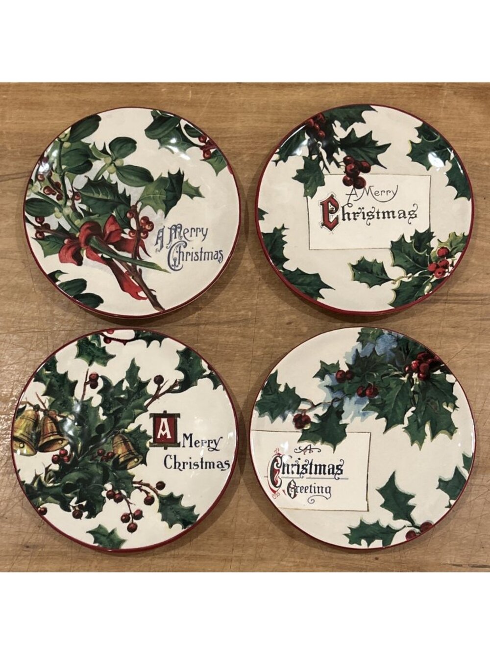 Set of 4 WILLIAMS- SONOMA VINTAGE CHRISTMAS POSTCARD Salad/ Dessert Plates  7.5"